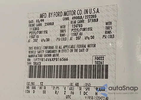 1999 Ford Ranger Xl/Xlt z USA, uszkodzony, nr VIN 1FTYR14V6XPB16566